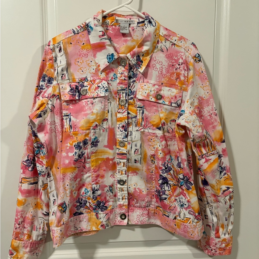 Floral Jean Jacket with Pink and Orange Accents